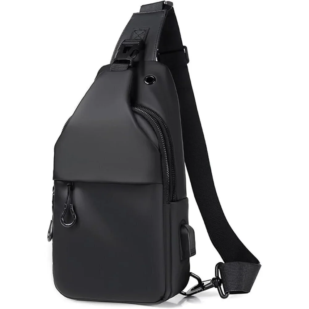 💫 Men Black Crossbody Bag Sling Waterproof USB Charging Port Headphone Backpack